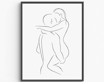 Romantic Couple Line Art Print, Sensual Embrace, Minimalist Home Decor (Digital Download)