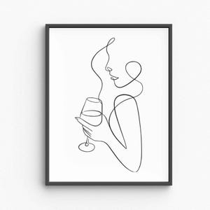 Wine Lady Line Art, Woman Holding Wine Glass Print, Minimalist Wall Art, Elegant Bar Decor, Digital Download
