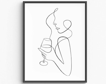 Wine Woman Line Art Print, Minimalist Bar Decor (Digital Download)