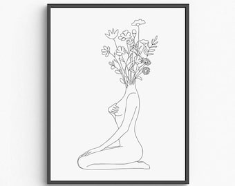 Minimalist Woman Floral Line Art Print, Modern Home Decor (Digital Download)