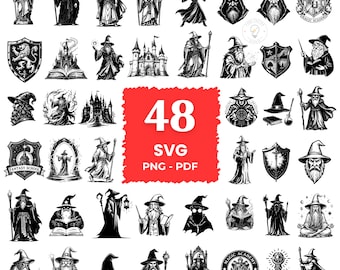 May include: A collection of 48 black and white illustrations featuring wizards, magic wands, shields, castles, and other fantasy elements. The images are available in SVG, PNG, and PDF formats. The wizards are depicted in various poses, some with staffs and spell books.