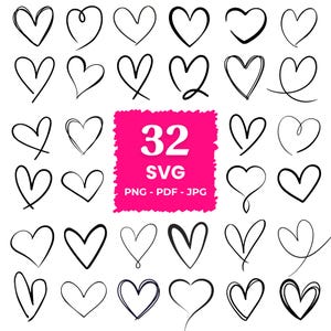 Puede incluir: Colección de 32 diseños de corazones en línea negra en varios estilos. Un cuadrado rosa brillante con el número "32" y la palabra "SVG" en el centro, con "PNG - PDF - JPG" debajo. Perfecto para proyectos de arte digital.