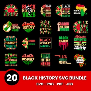 Può includere: Un pacchetto di 20 design SVG di Black History in rosso, verde, giallo e nero. I design includono testi come "Black History Month", "Black History Vibes". Il pacchetto include formati SVG, PNG, PDF e JPG.