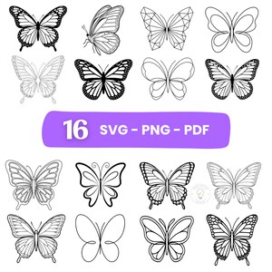 Może przedstawiać: Kolekcja 16 ilustracji motyli w różnych stylach, w tym szczegółowe i geometryczne wzory. Motyle są czarno-białe, z fioletowym banerem z napisem "16 SVG - PNG - PDF".
