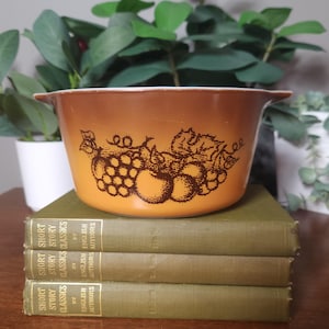 May include: A vintage, round, orange-brown casserole dish with a fruit design. The dish has two handles and is set on a stack of three green books. The books are labeled "Short Story Classics" and "English Authors".