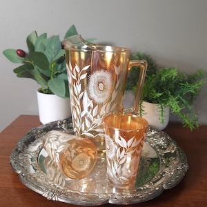 MCM Marigold Carnival Glass Cosmos Pitcher and Cups