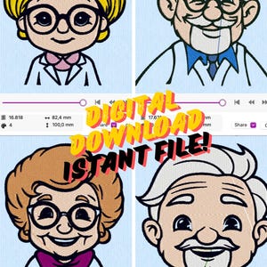 Può includere: File di download digitale con quattro ritratti ricamati di persone anziane. I ritratti includono una donna con i capelli gialli, un uomo con un cappello marrone, una donna con i capelli castani e un uomo con i capelli bianchi. È presente anche il testo "DOWNLOAD DIGITALE FILE ISTANTANEO!"