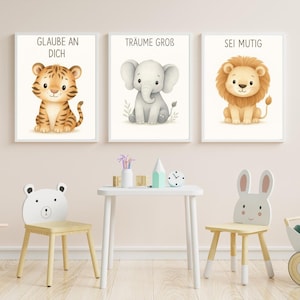 Set de 3 pósters de animales para habitación de bebé - Afirmaciones para habitaciones infantiles - Descarga digital PDF - A4 y A3 - Decoración de pared de animales de safari - Regalo de nacimiento
