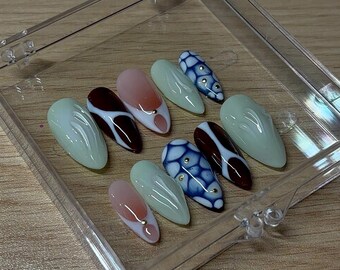 Abstract Earth Tone Press On Nails | Handmade Nail Set with Textured Detailing | Reusable Press Ons | Modern Mixed Design Nail Art