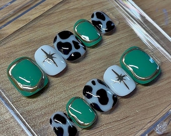 Extra Short Press On Nails | Cow Print Nails | Isolated Chrome Nails | Reusable Press On Nails | Cow Print Nails | Sage Green Nails