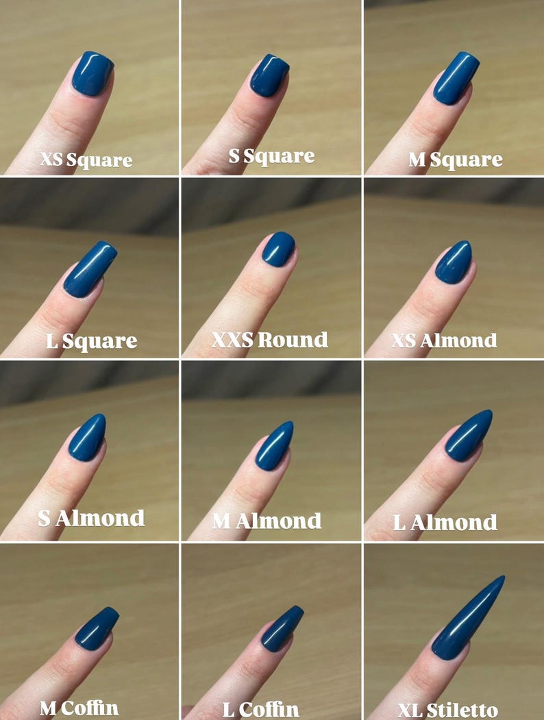 May include: A variety of nail shapes in a deep teal color are displayed, including XS Square, S Square, M Square, L Square, XXS Round, XS Almond, S Almond, M Almond, L Almond, M Coffin, L Coffin, and XL Stiletto.