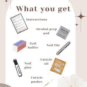 May include: An image titled "What you get" displays nail care essentials. Included are instructions, an alcohol prep pad, a nail buffer, a nail file, nail glue, cuticle oil, and a cuticle pusher. The items are arranged on a light beige background.
