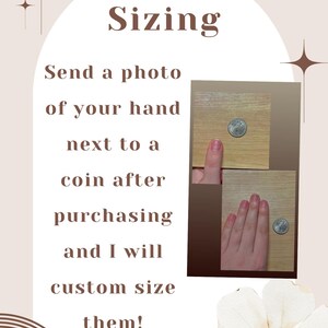 May include: Image with text that says "Sizing". It instructs the customer to send a photo of their hand next to a coin after purchasing, for custom sizing. The image includes two photos of hands next to a coin.