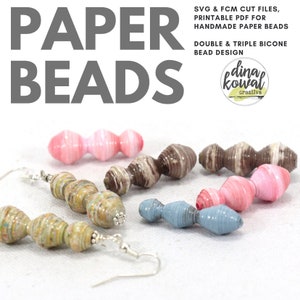 May include: A set of handmade paper beads in various colors, including brown, pink, and blue. The beads are made by rolling up strips of paper and are designed to be used for jewelry making. The image also includes the text "PAPER BEADS" and "DOUBLE & TRIPLE BICONE BEAD DESIGN".