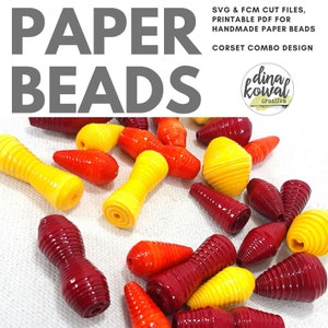 May include: A collection of handmade paper beads in yellow, orange, and red. The beads are in various shapes and sizes, including round, teardrop, and cylindrical. The beads are arranged on a white surface.