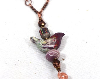 Bird Totem Necklace - Czech glass beads, handmade paper and polymer clay beads