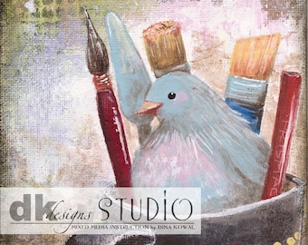 She Paints -  5"x 7" print - bird in art supplies