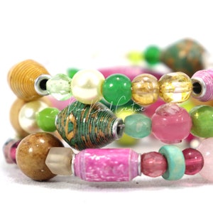 mixed glass and handmade paper beads Memory Wire Wrap Bracelet