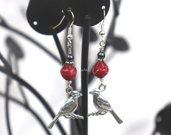 Drop earrings - cardinal with handmade red paper beads