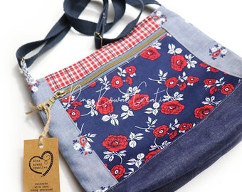 Upcycled Navy & Red Crossbody Purse or Shoulder Bag