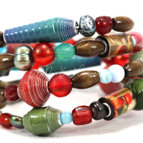 mixed glass and handmade paper beads Memory Wire Wrap Bracelet
