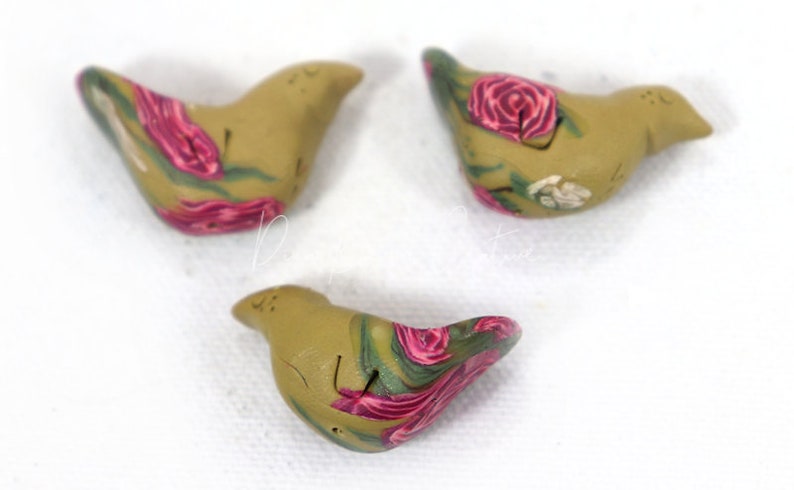 Freckle Bird Handmade Polymer Clay Art Beads Khaki/Roses