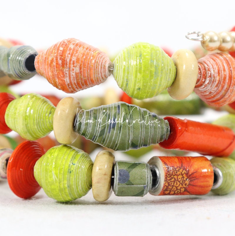 mixed glass and handmade paper beads Memory Wire Wrap Bracelet