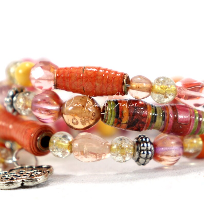 mixed glass and handmade paper beads Memory Wire Wrap Bracelet