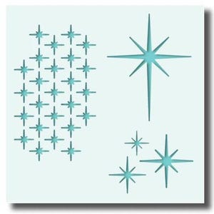 May include: A light blue stencil featuring starburst designs. The stencil includes a cluster of small stars, a large single star, and a group of smaller stars. The design is on a light blue background.