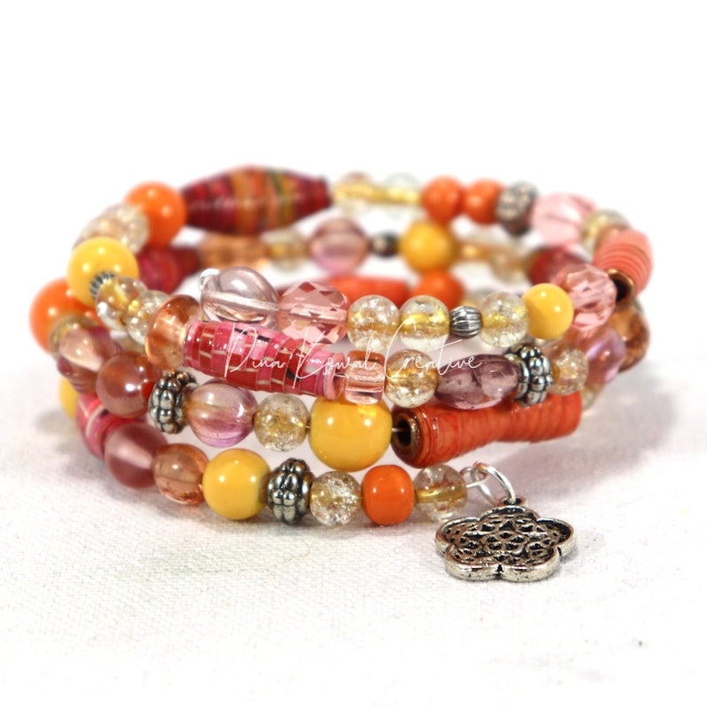 mixed glass and handmade paper beads Memory Wire Wrap Bracelet