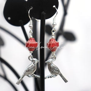 Drop earrings cardinal with handmade red paper beads image 1