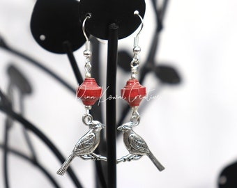 Drop earrings - cardinal with handmade red paper beads