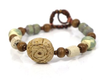 Rustic Rose bracelet -  handmade polymer clay and paper beads