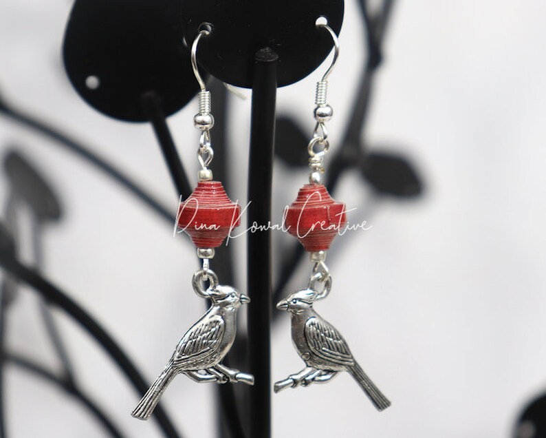 Drop earrings cardinal with handmade red paper beads image 2