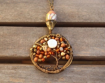 Upcycled Guitar String Tree of Life necklace - glass, paper, and mother of pearl beads