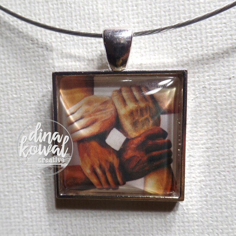 United four hands human race domed glass tile pendant necklace or keyring image 2