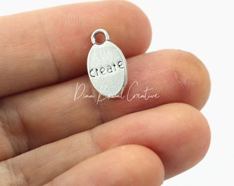 Create - oval word nugget - metal charm, silver finish