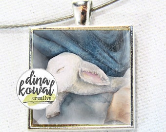 Held - Lamb and Shepherd - domed glass tile pendant necklace