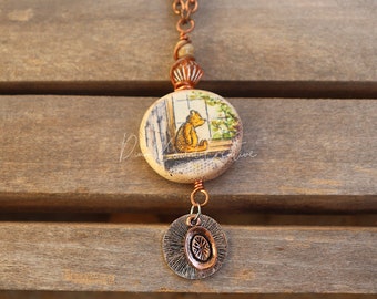 Pooh in Window necklace - polymer clay and Czech glass beads