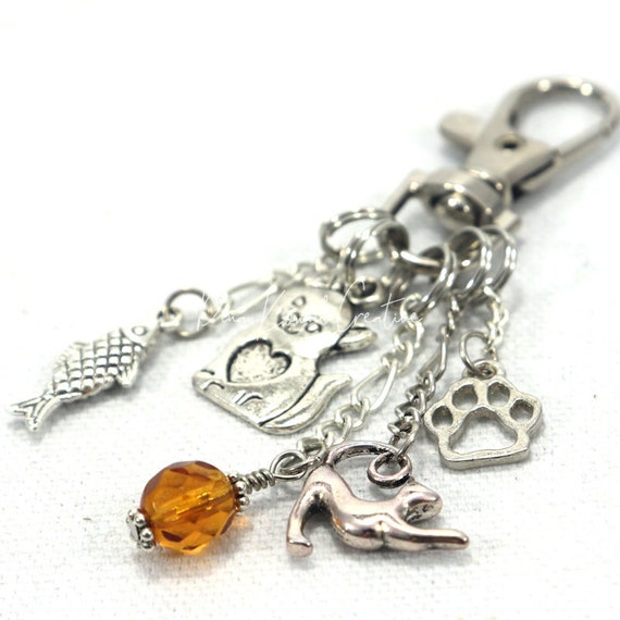 Zipper Pull Keychain Great for all Cat Lovers Crystal in Metal Cage Beads Purse Charm Ceramic Cat Beads