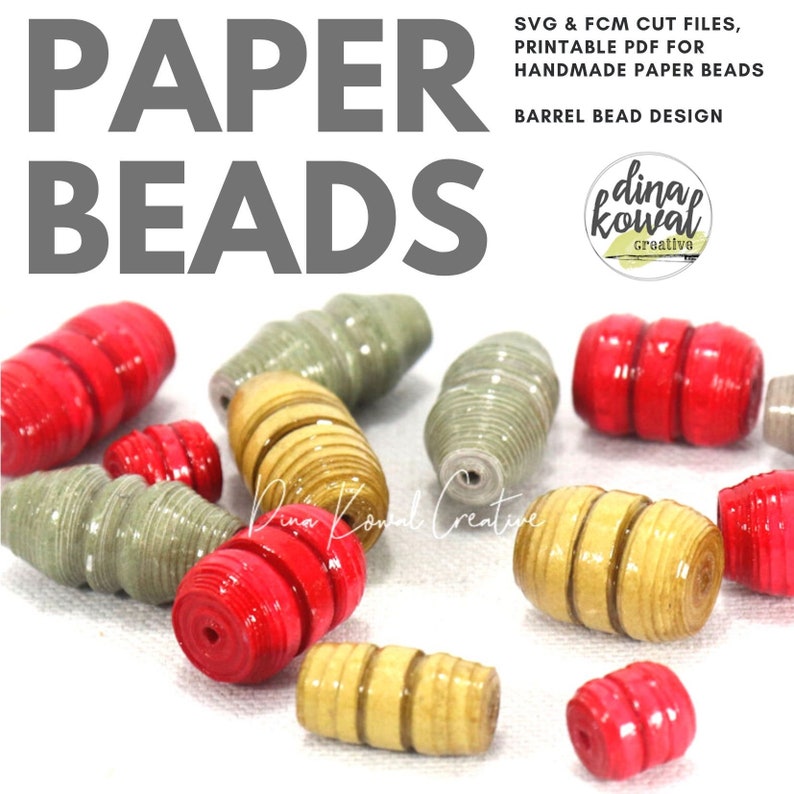 May include: A collection of handmade paper beads in red, beige, and green. The beads are in a barrel shape and have a textured, layered appearance. The image includes the text "PAPER BEADS" and "BARREL BEAD DESIGN".
