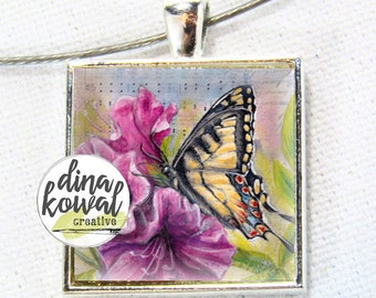 Under His Wings - swallowtail butterfly azalea hymn - domed glass tile pendant necklace