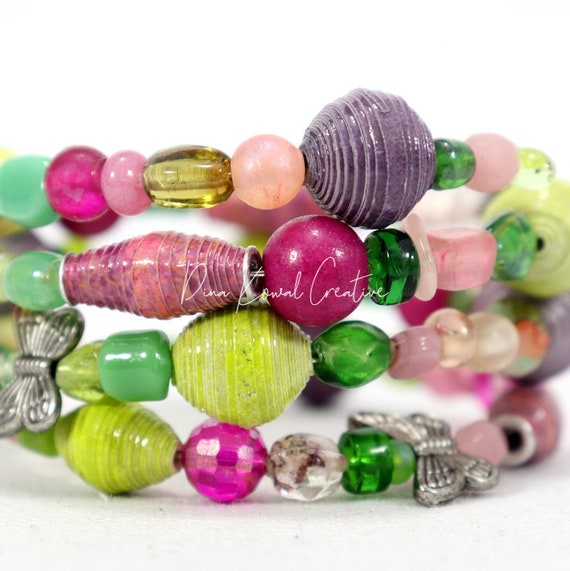 mixed glass and handmade paper beads Memory Wire Wrap Bracelet