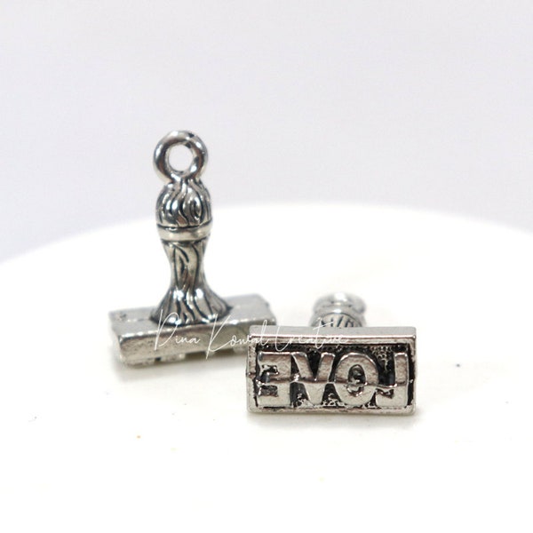 rubber love stamp charm  - pewter charm, silver finish, 3D