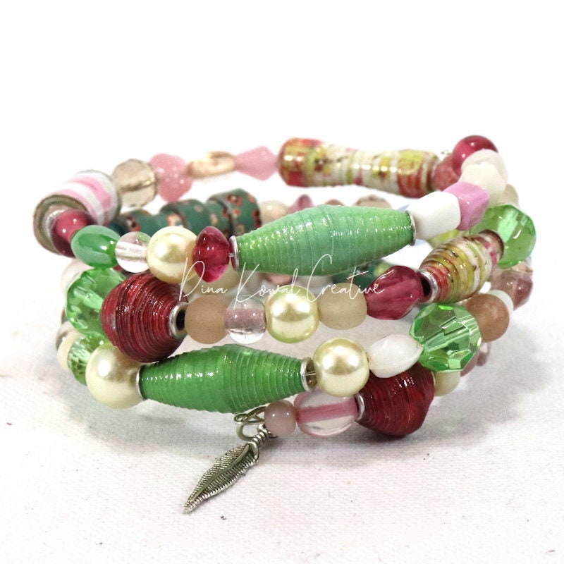 mixed glass and handmade paper beads Memory Wire Wrap Bracelet