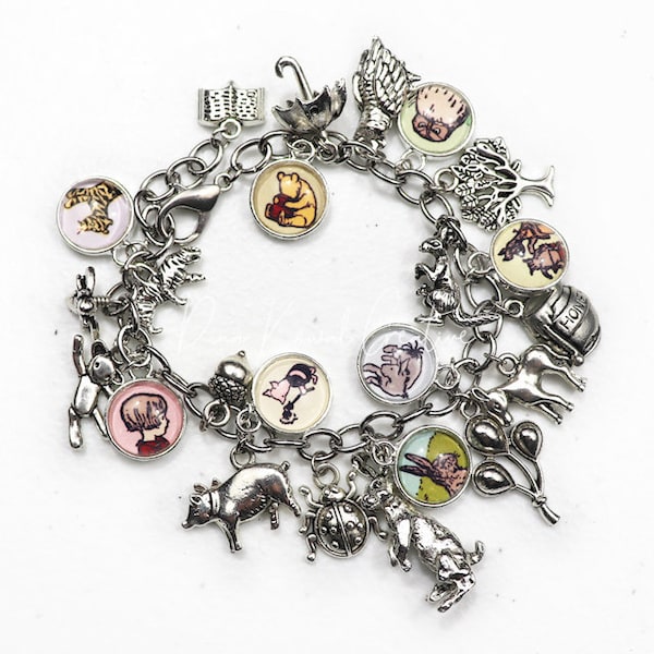 Pulseira clássica com pingentes do Ursinho Pooh - pingentes de luxo em vidro e prata
