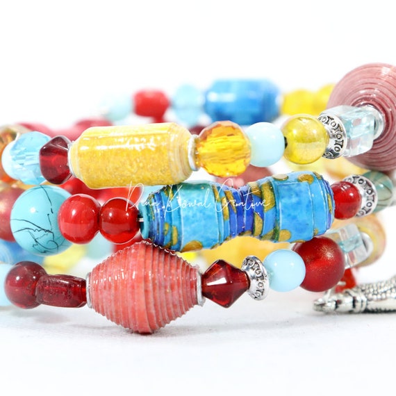 mixed glass and handmade paper beads Memory Wire Wrap Bracelet
