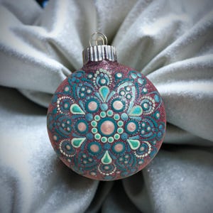 Christmas ornament. 3” handpainted plastic. Pink  glittered bulb with teal mandala design.