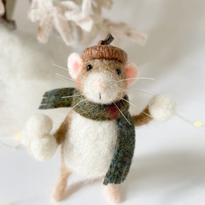 Wool Felt Mouse Snowball Fight, Needle Felted Waldorf Critter with Acorn Hat and Wool Scarf, Tier Tray Christmas Decor, Holiday Decoration