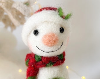 Miniature needle felted snowman with Santa hat, small red green white snowman Christmas decoration, custom handmade Xmas ornament